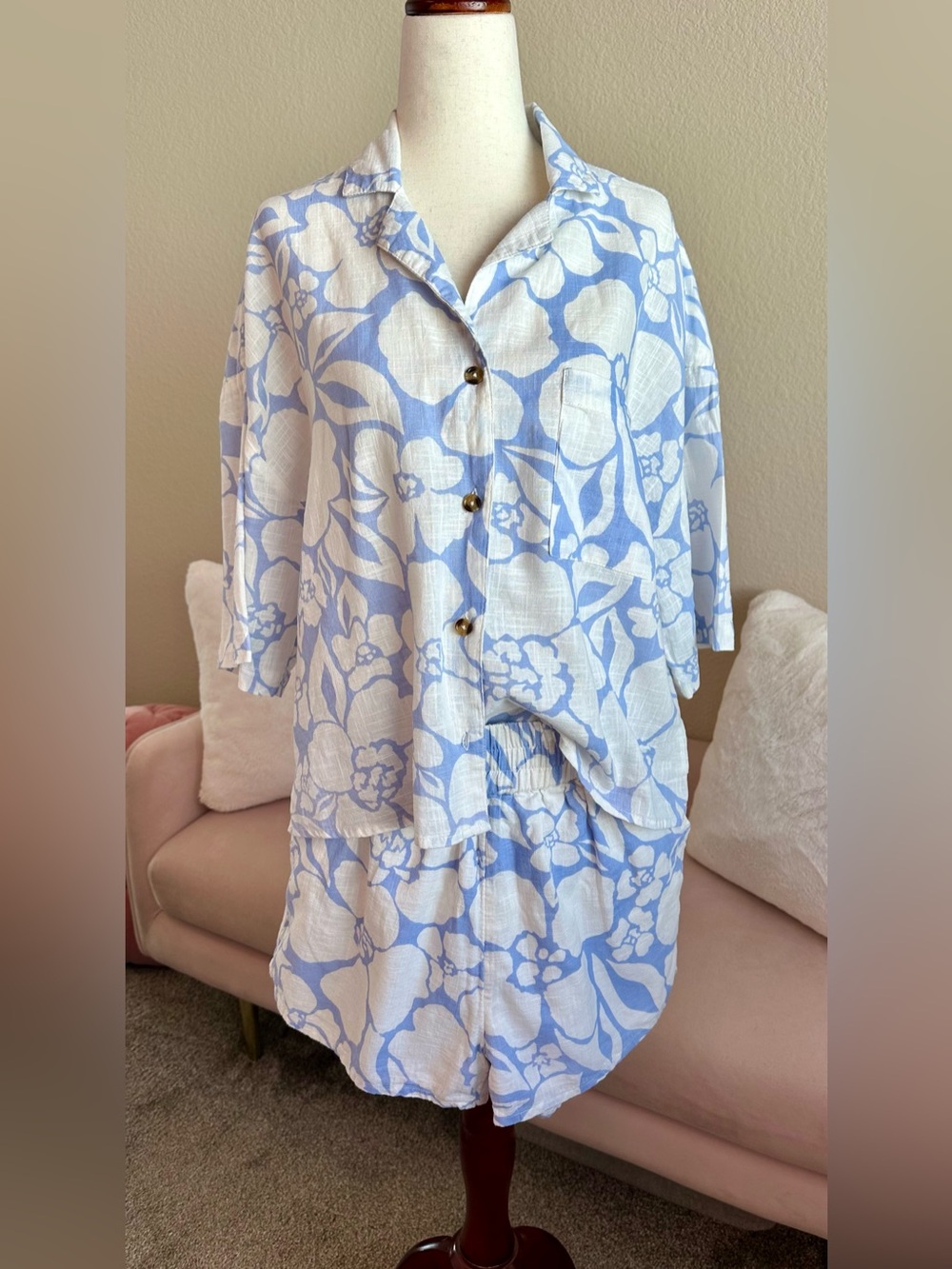 Billabong Button Up Shirt & Shorts Set Women’s S Blue White Floral Cotton Beach